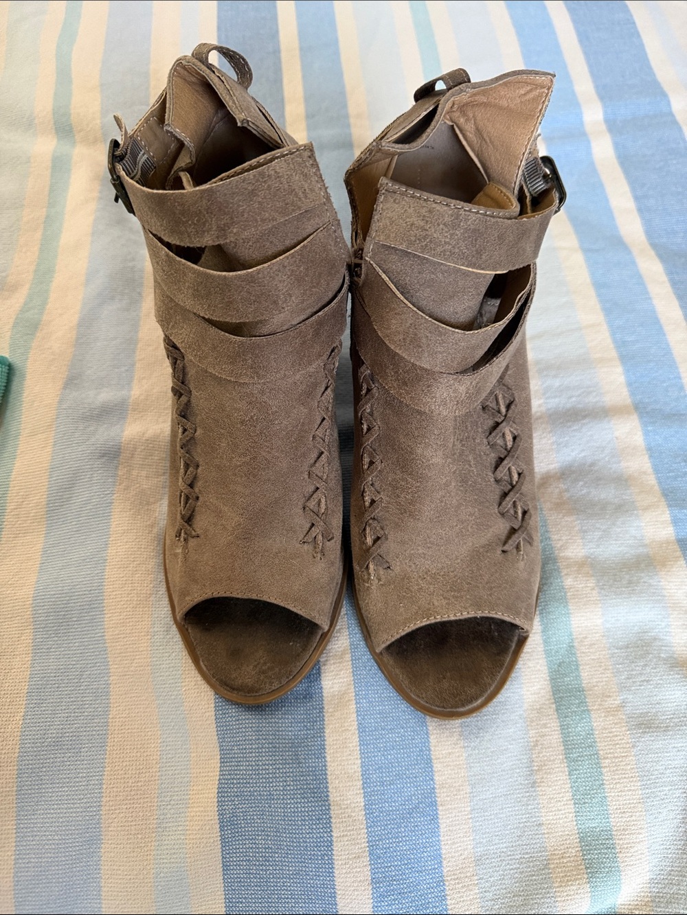 faux Suede Peep-Toe Ankle Boots in Taupe